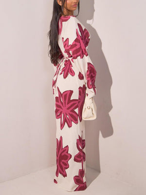Aurohaya Elegant Floral Print Waist-Defined Maxi Dress