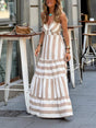 Aurohaya Summer Striped Print Patchwork Ruched Backless Maxi Dress White