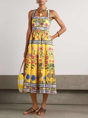 Aurohaya Unique Satin Floral Print Racerback With Pockets Midi Dress Yellow