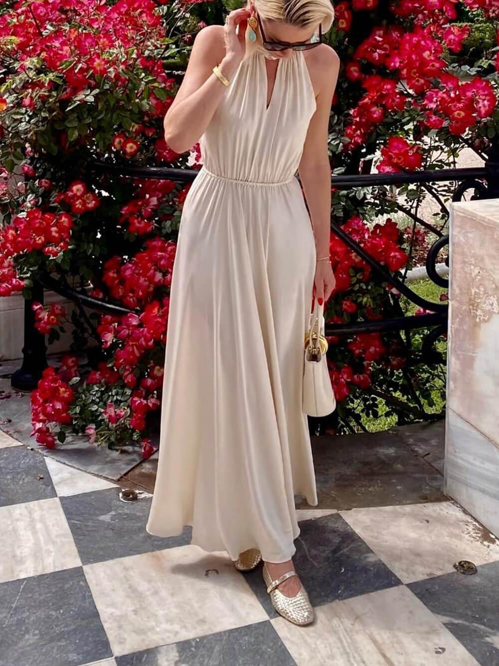Aurohaya Elegant Off-The-Shoulder Tie Waist Satin Maxi Dress