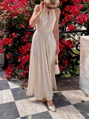 Aurohaya Elegant Off-The-Shoulder Tie Waist Satin Maxi Dress