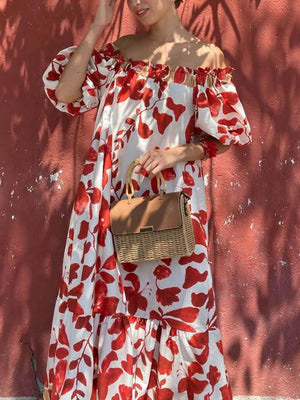 Aurohaya Casual Floral Print Off-Shoulder Puff Sleeve Maxi Dress