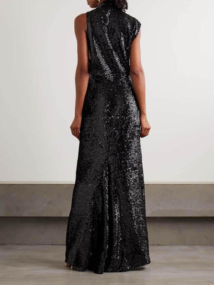 Aurohaya Sequined Draped Asymmetric Crepe Gown Maxi Dress