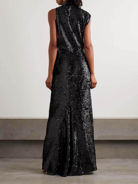 Aurohaya Sequined Draped Asymmetric Crepe Gown Maxi Dress