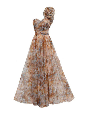 Aurohaya Elegant Romantic Ball Chiffon Floral One-shoulder Pleated Design Back Lace-up Gown Maxi Dress