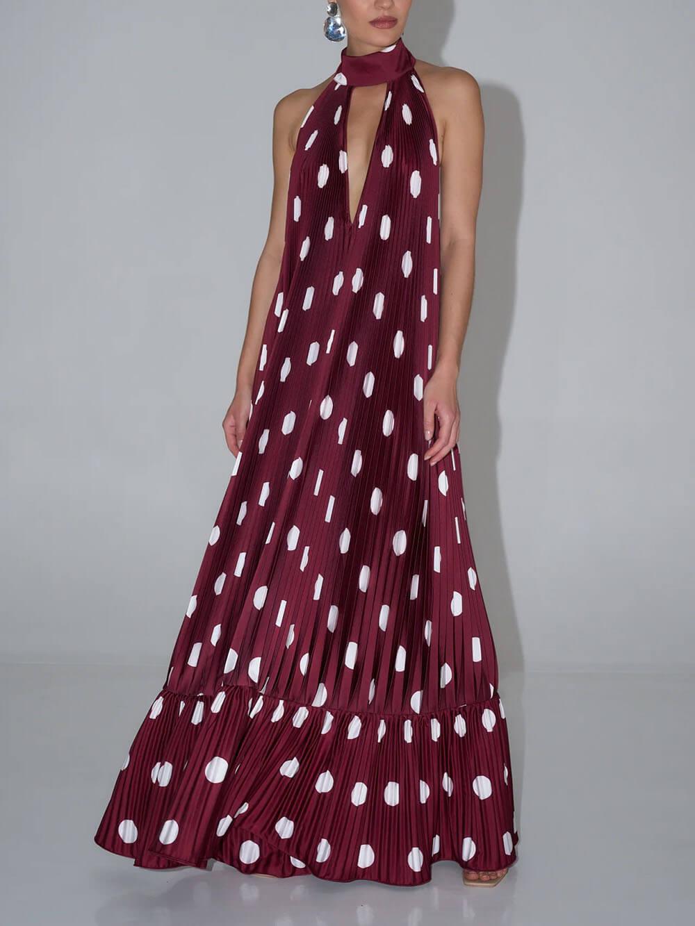 Aurohaya Elegant Polka Dot Backless Halter Evening Gown Maxi Dress Burgundy