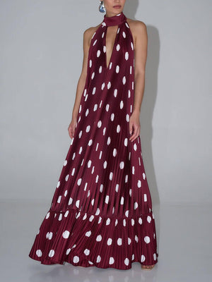 Aurohaya Elegant Polka Dot Backless Halter Evening Gown Maxi Dress Burgundy
