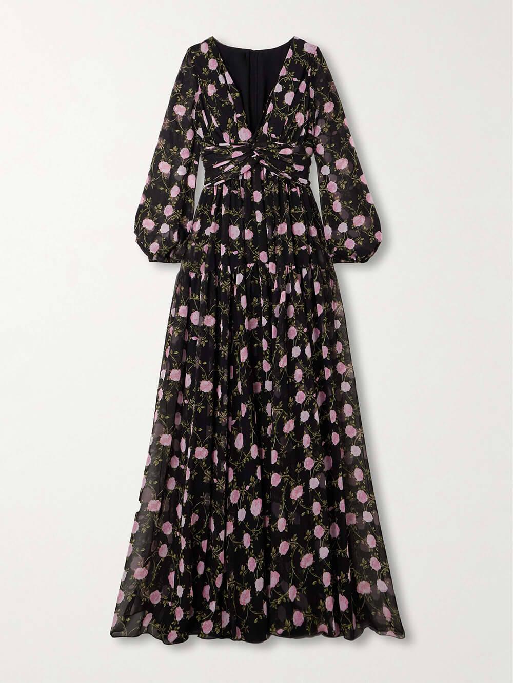 Aurohaya Romantic Exquisite Pleated Floral Print Chiffon Maxi Dress