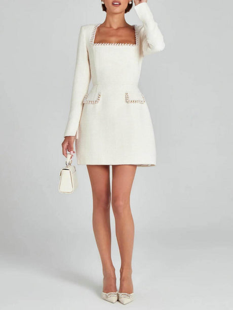 Aurohaya Exquisite Girl Charm Pearl Trim Slit Sleeve Pocket Mini Dress