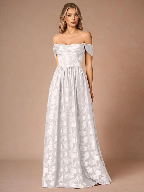 Aurohaya Elegant Drape Neck Floral A-Line Maxi Dress White