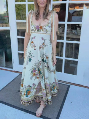 Aurohaya Exquisite Bohemian Print Strappy Maxi Dress
