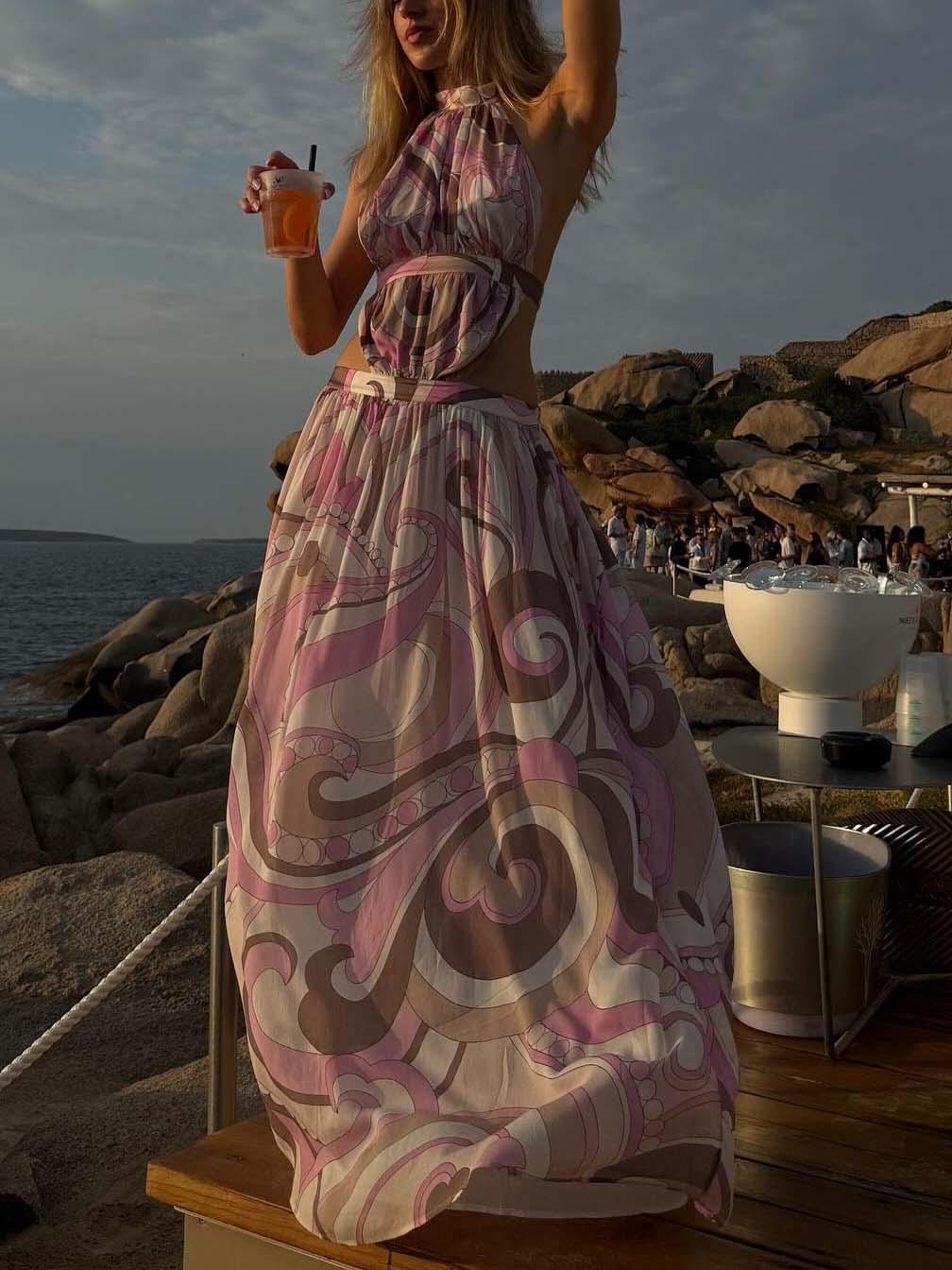Aurohaya Exquisite Abstract Print Halter Neck Cutout Maxi Dress