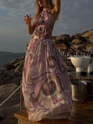 Aurohaya Exquisite Abstract Print Halter Neck Cutout Maxi Dress
