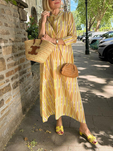 Aurohaya Casual Effortless V-Neck Printed Vacation Maxi Dress