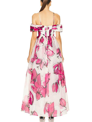 Aurohaya Delicate Playful Floral Print Cinched Waist Maxi Dress