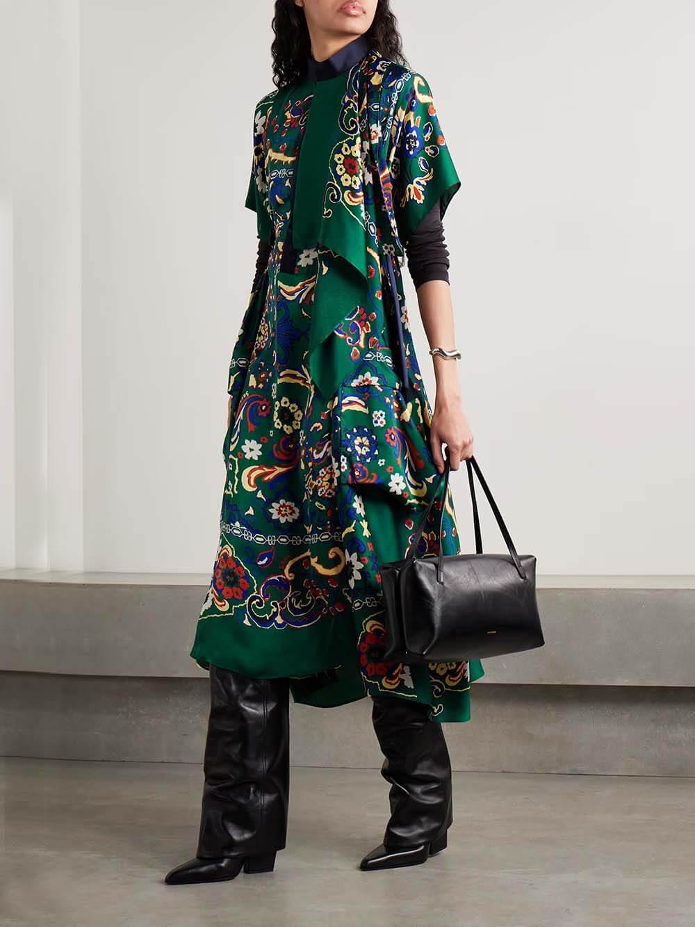 Aurohaya Unique Draped Print Satin Midi Dress Green