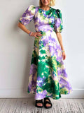 Retro Tie-Dye Puff Sleeve A-Line Maxi Dress