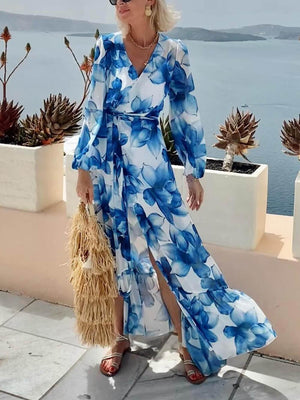 Aurohaya Elegant Floral Print Tie-Front Lantern Sleeve Vacation Maxi Dress