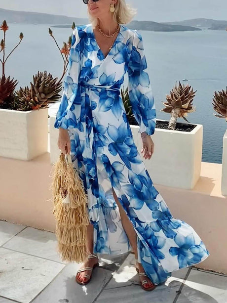 Aurohaya Elegant Floral Print Tie-Front Lantern Sleeve Vacation Maxi Dress