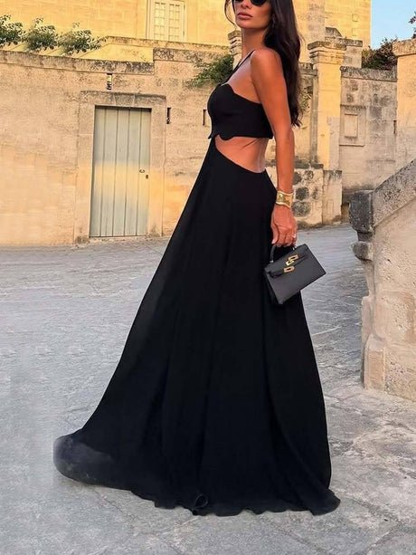 Aurohaya Delicate Cutout Ruffle Backless Spaghetti Strap Party Maxi Dress