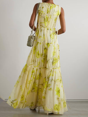 Aurohaya Vintage Bloom Tie-Front Layered Floral Print Chiffon Casual Maxi Dress