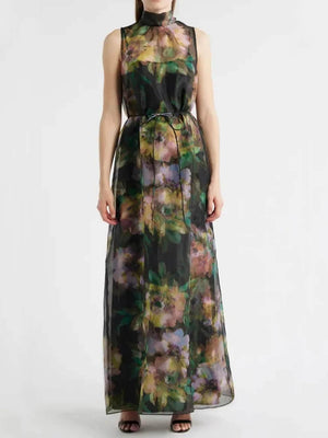 Aurohaya Unique Floral Print Tie-Drawn Chiffon Cocktail Maxi Dress Multicolor