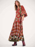 Elegant Satin Printed Shirt Collar Long Sleeve Maxi Dress