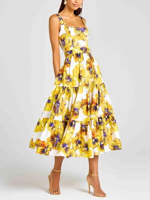 Aurohaya Elegant Pansy Print Midi Dress