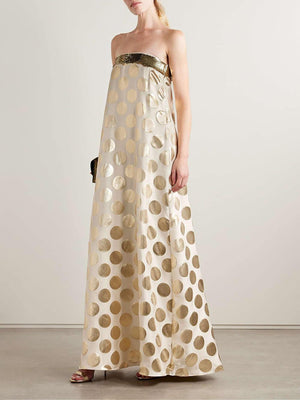 Aurohaya Elegant Off-Shoulder Sequin Metallic Polka Dot Maxi Dress Gold