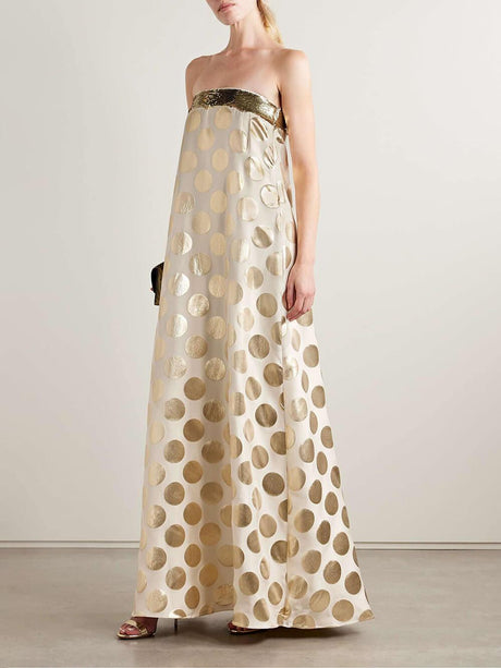 Aurohaya Elegant Off-Shoulder Sequin Metallic Polka Dot Maxi Dress Gold