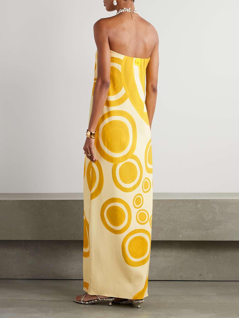 Aurohaya Elegant Off-Shoulder Circle Print Double-Crepe Maxi Dress