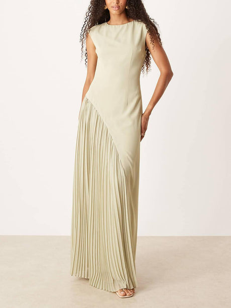 Aurohaya Exquisite Cap Sleeve Pleated Maxi Dress Apricot