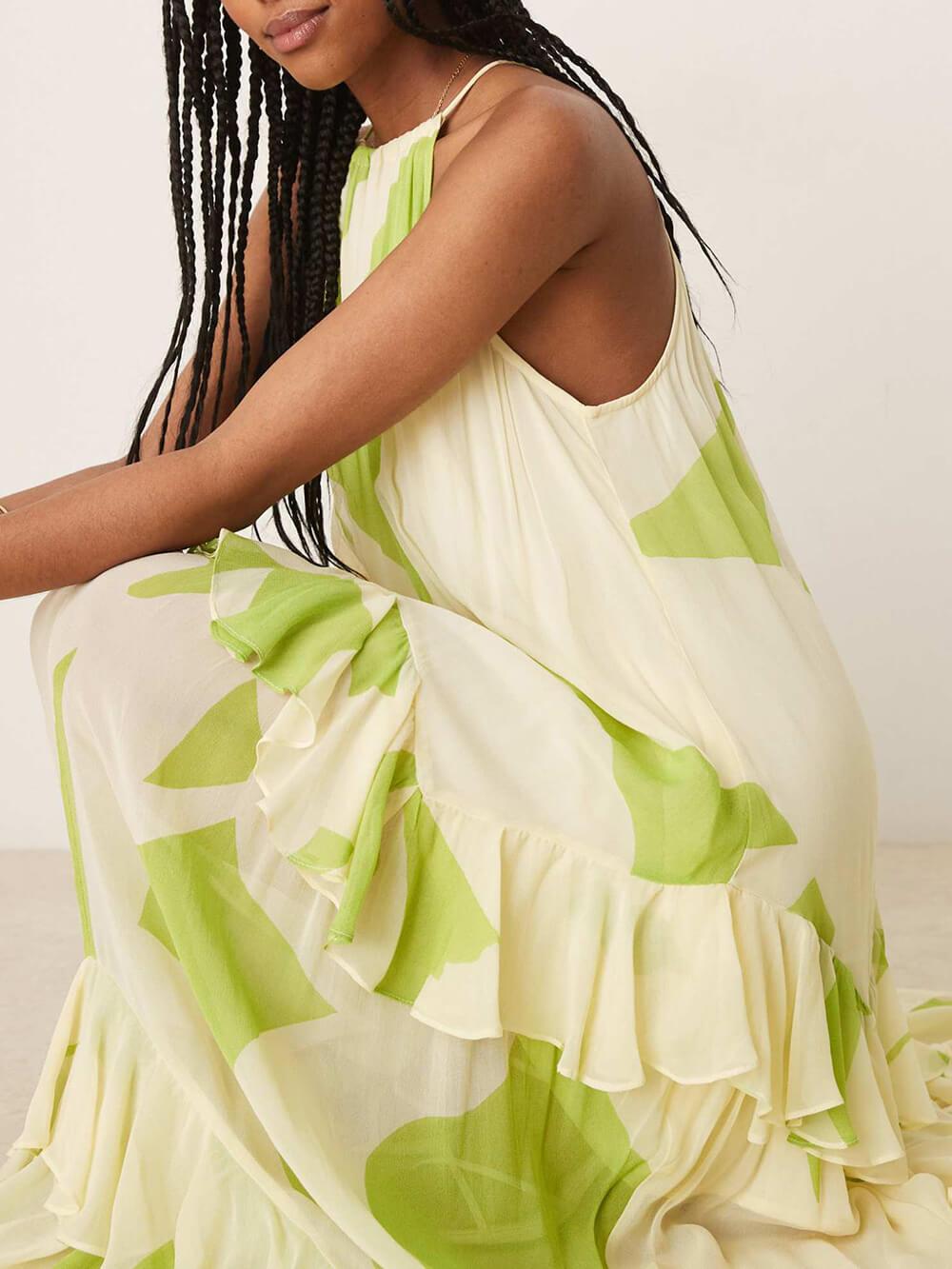 Aurohaya Exquisite Abstract Print Backless Tiered Ruffle Maxi Dress