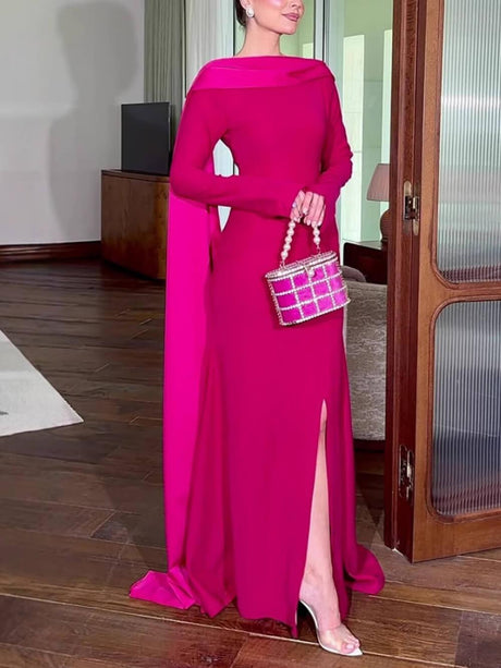 Aurohaya Elegant Slit Hip-Wrap Shawl Ribbon Evening Maxi Dress