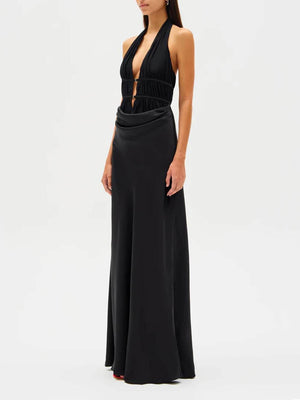 Aurohaya Elegant Mesh Ruched Satin Backless Maxi Dress