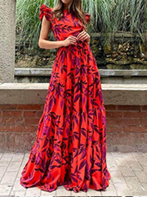 Aurohaya Fashion Printed Flying Sleeve High Waist Maxi Dress Red