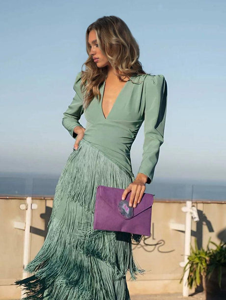 Aurohaya Elegant Tassel V-Neck Long Sleeve Maxi Dress