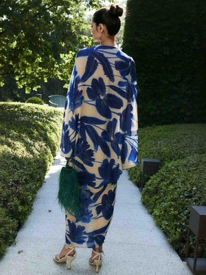 Aurohaya Elegant Oversized Floral Print Batwing Sleeve Chiffon Maxi Dress