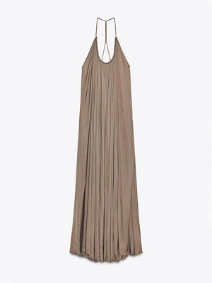 Aurohaya Elegant Pleated V-Neck Halter Maxi Dress