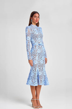Aurohaya Elegant Lace Belted Long Sleeve Mermaid Midi Dress