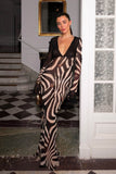 Elegant Night Chiffon Colorblock Animal Print Tie-up Long Sleeve Maxi Dress