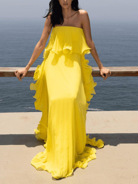 Aurohaya Elegant Chiffon Pleated Wavy Ruffles Trim Strapless Loose Maxi Dress