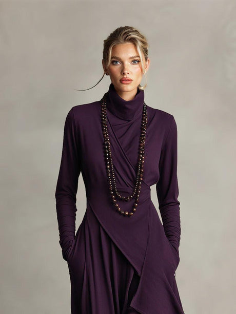 Aurohaya Elegant High-Neck Draped Asymmetrical Maxi Dress