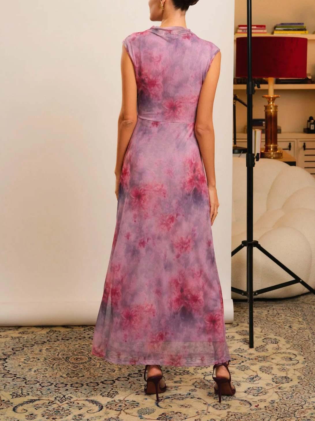Aurohaya Retro Gradient Floral Mesh Print Slim Maxi Dress