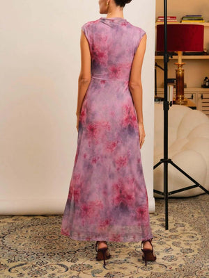 Aurohaya Retro Gradient Floral Mesh Print Slim Maxi Dress