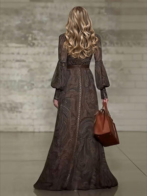 Aurohaya Retro Paisley Print Zipper Maxi Dress