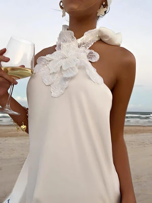 Aurohaya Retro Floral Crochet Satin Halter Backless Tie Maxi Dress