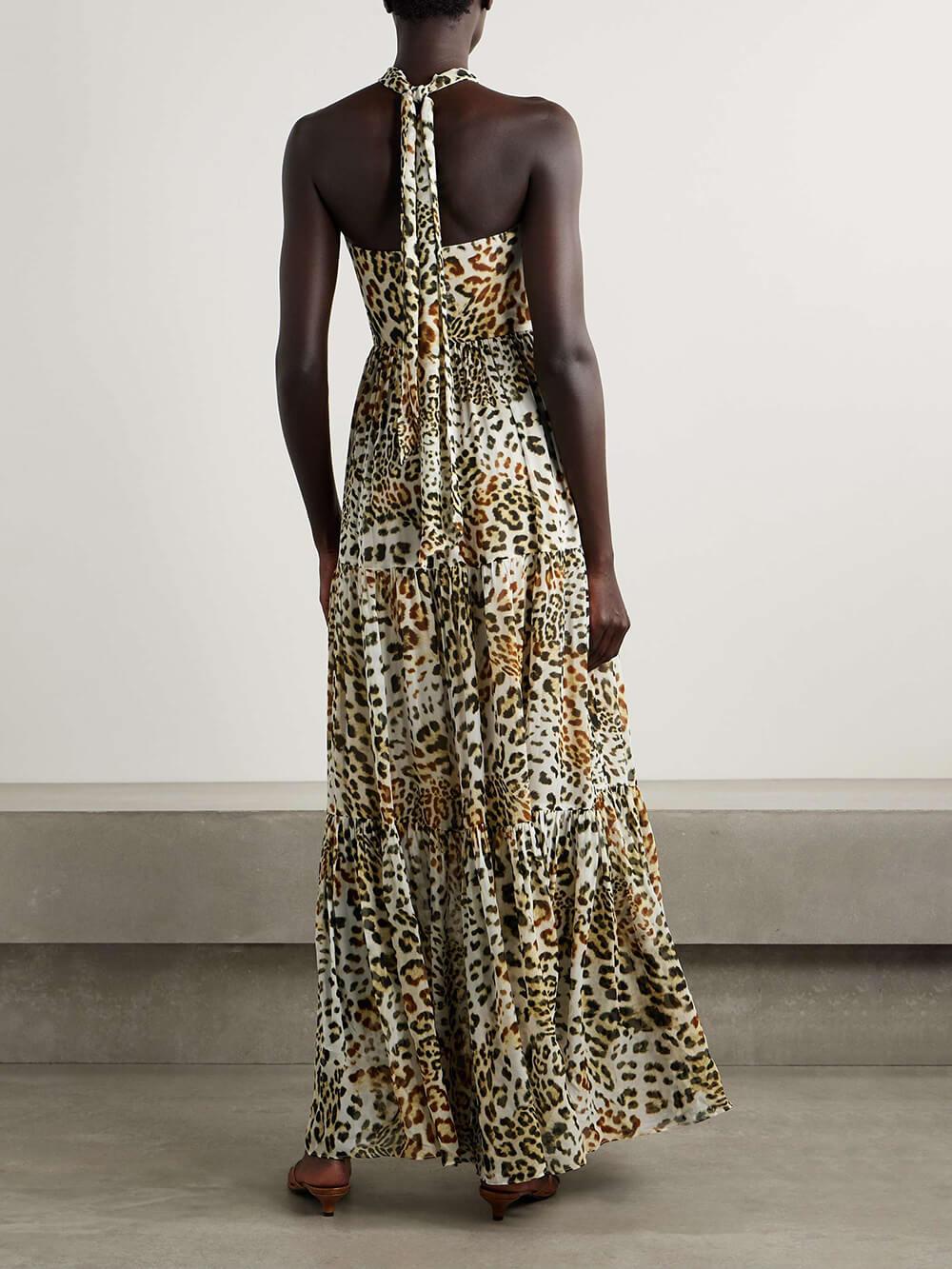 Aurohaya Retro Fierce & Feminine Leopard Print Chiffon Halter Maxi Dress