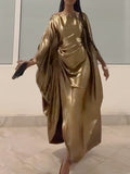 Elegant Metal Drawstring Bat Sleeve Robe Dress
