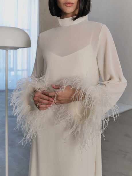 Aurohaya Elegant High-Neck Feather Cuff Chiffon Midi Dress